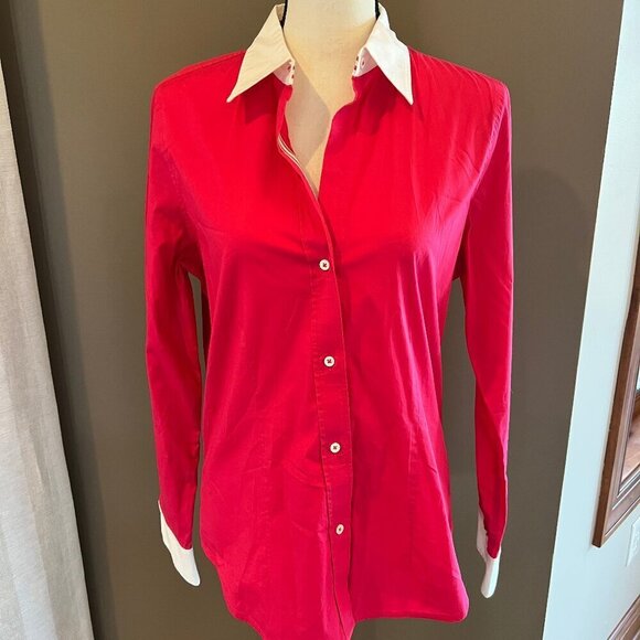 Limited, Hot Pink White Cuffed Fitted, Button Down Stretch blouse, Size Large - Picture 1 of 7